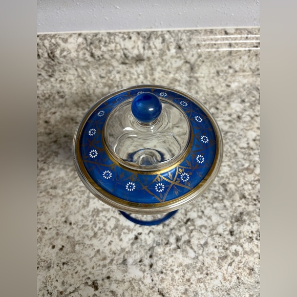 Candy Dish Compote Pedestal Bowl vtg Glass bohemian czech iridescent blue gold - Picture 3 of 6